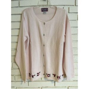 Denim & Co. Cardigan Sweater Size‎ Large Pink with Floral Embroidered Bottom